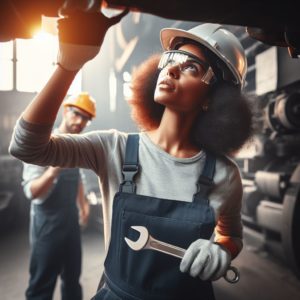 Femme en bleu de travail avec un casque de chantier blanc, des lunettes de protection et une clef anglaise en main. Elle est sous une machine qu'elle examine.