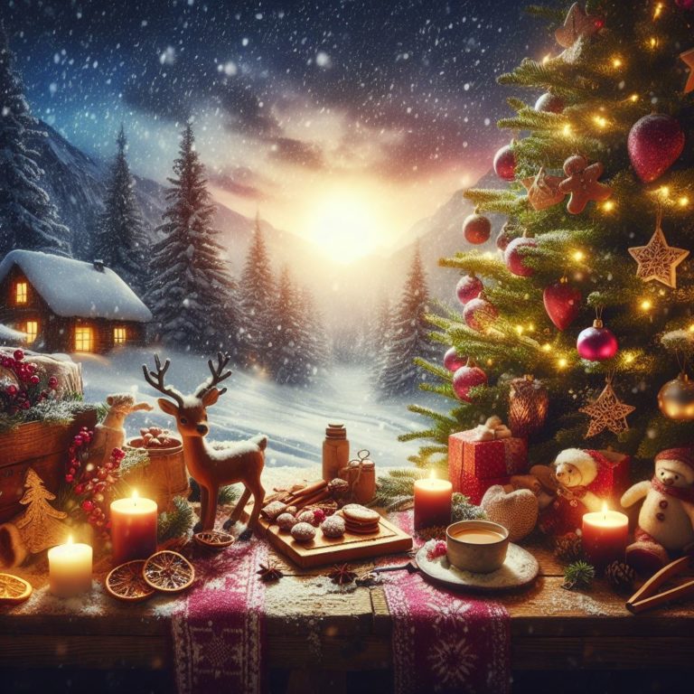 Image représentant une scène de Noël au crépuscule. Une table recouverte de biscuits et bougies avec un sapin décoré derrière. En arrière plan, une maison couverte de neige.